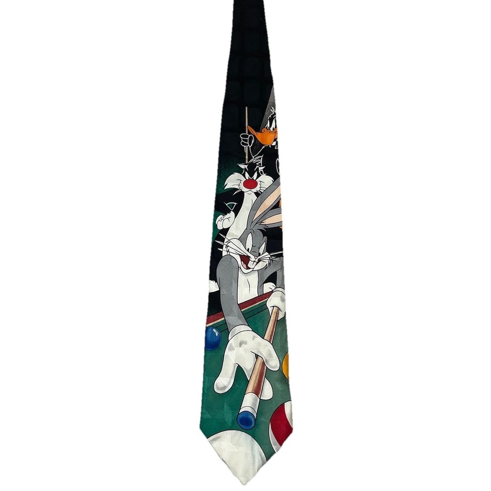 Vintage Looney Tunes Mania Silk Neck Tie Bugs Bunny Pool Billiards Cartoon USA